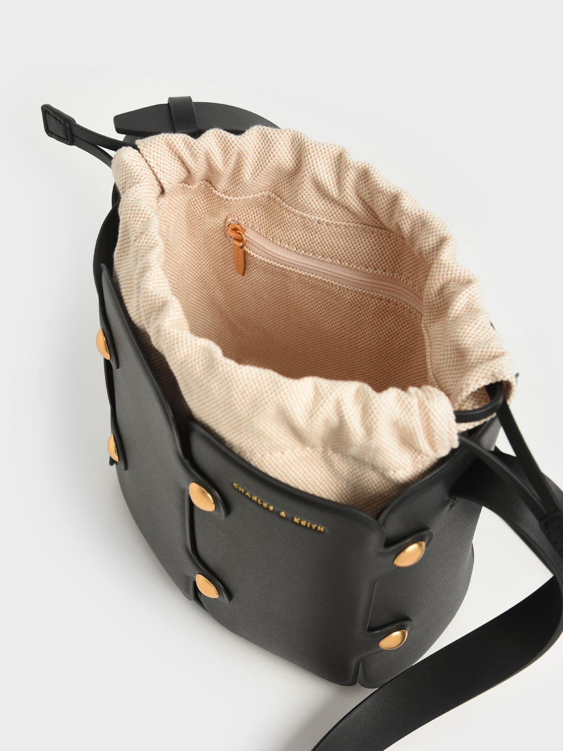 Studded Drawstring Bucket Bag, Black, hi-res