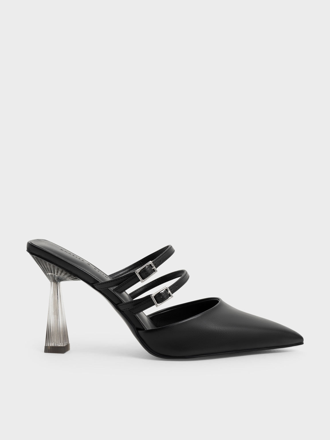 Strappy Slant Heel Mules, Black, hi-res