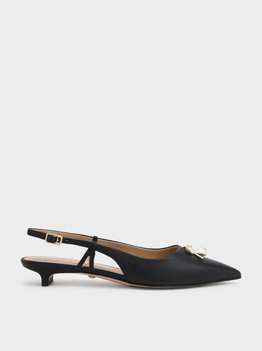 Leather Pearl-Embellished Slingback Pumps, Black, hi-res