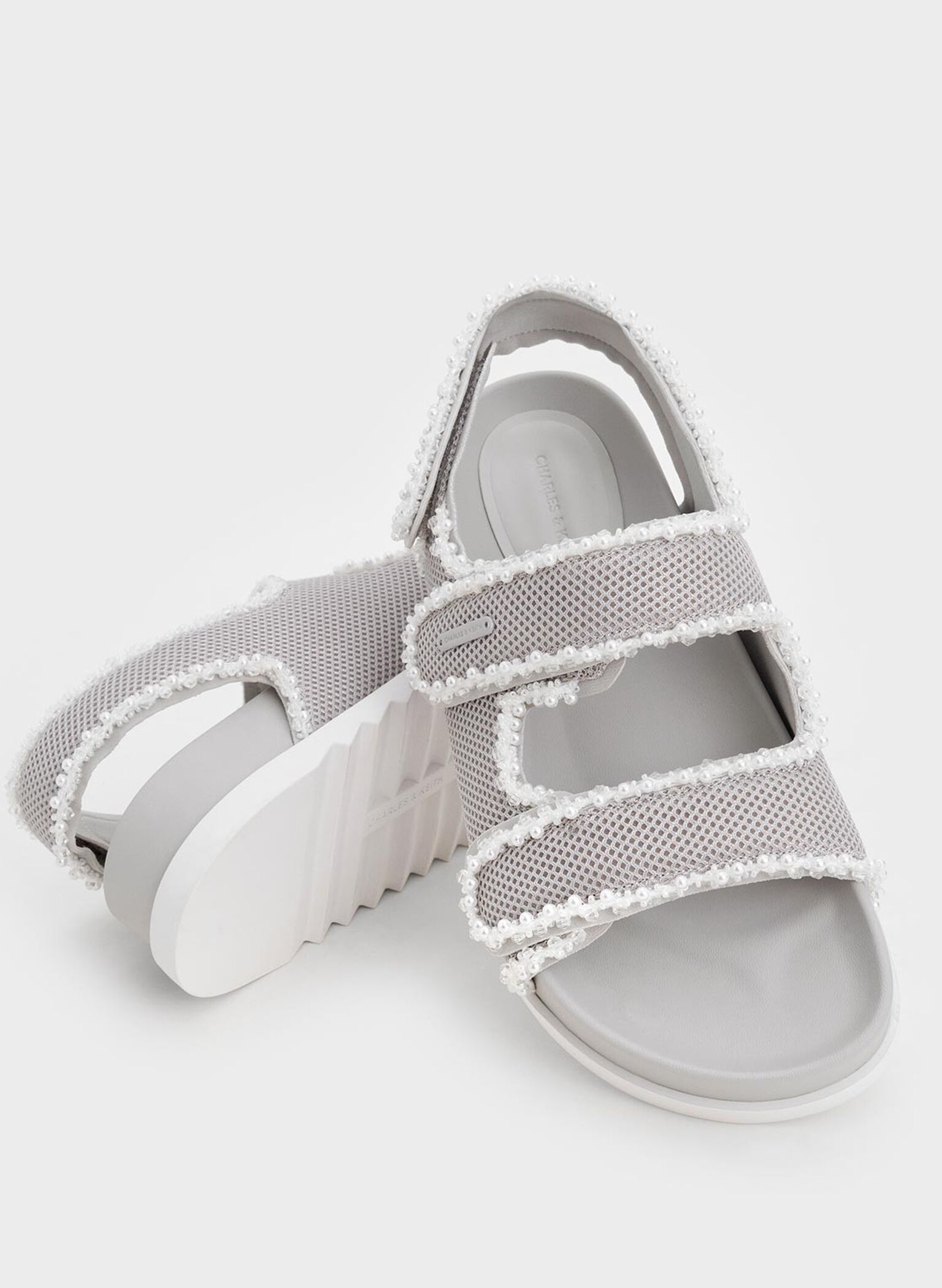 Mesh Pearl-Embellished Flatform Sandals, Silver, hi-res