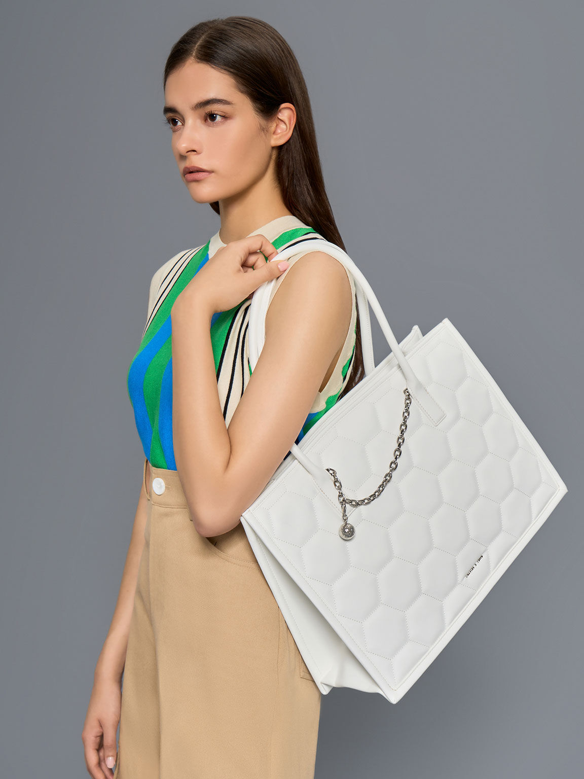 White Geometric Quilted Tote Bag CHARLES KEITH International