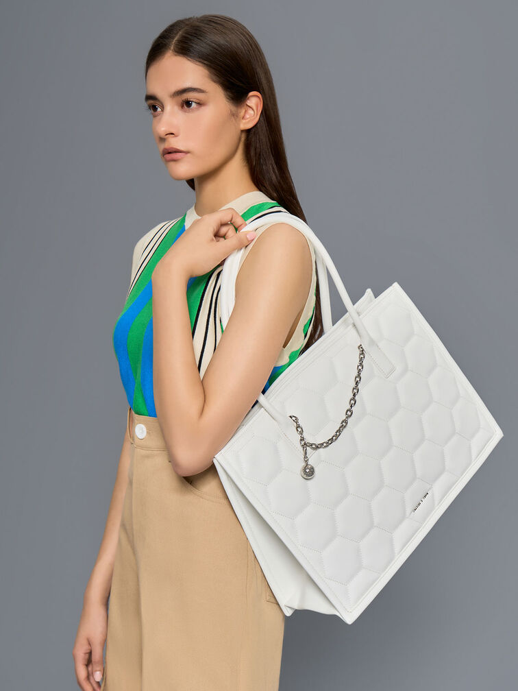 Geometric Quilted Tote Bag, White, hi-res