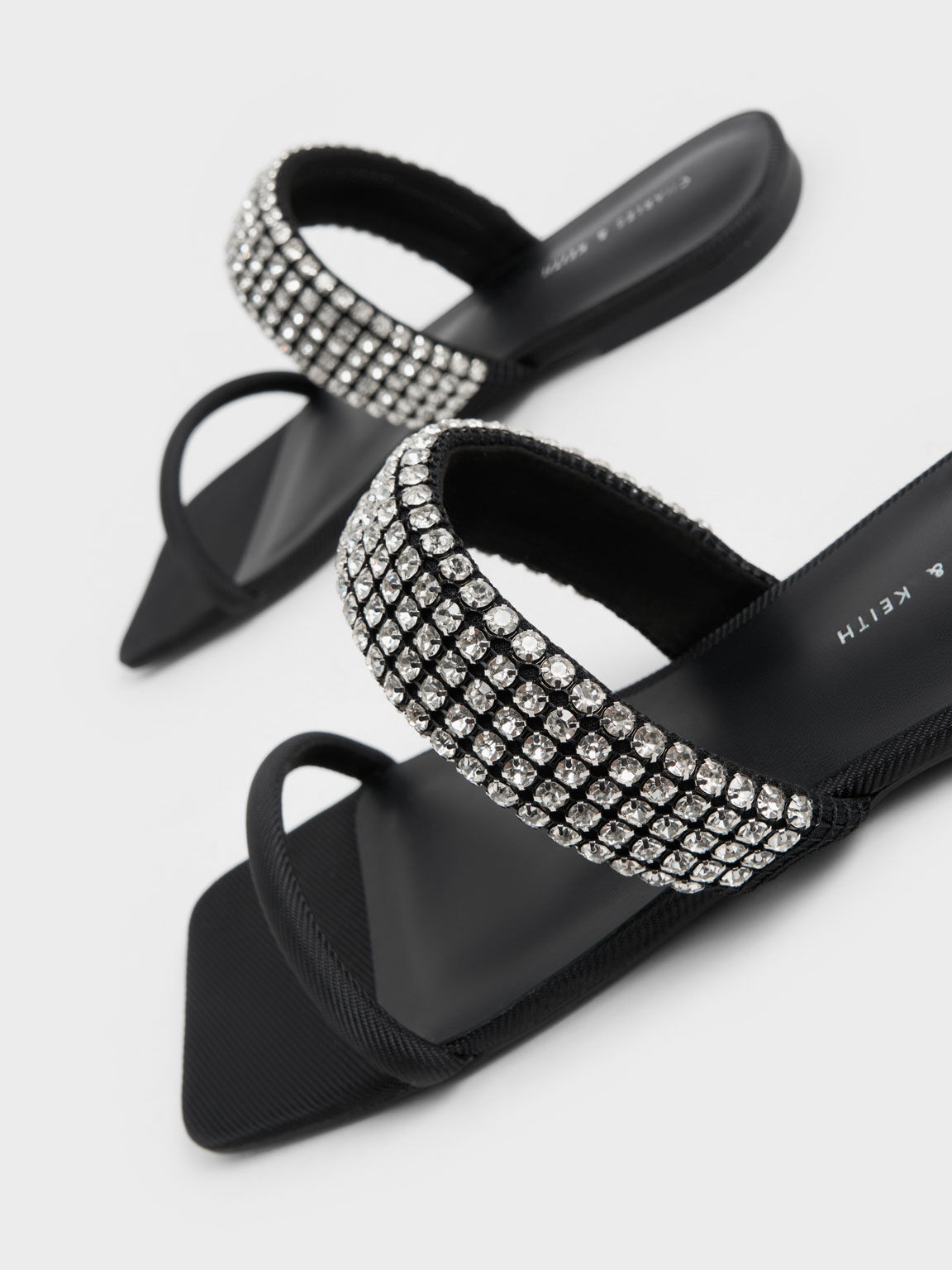 Gem-Embellished Strap Slides, Black, hi-res