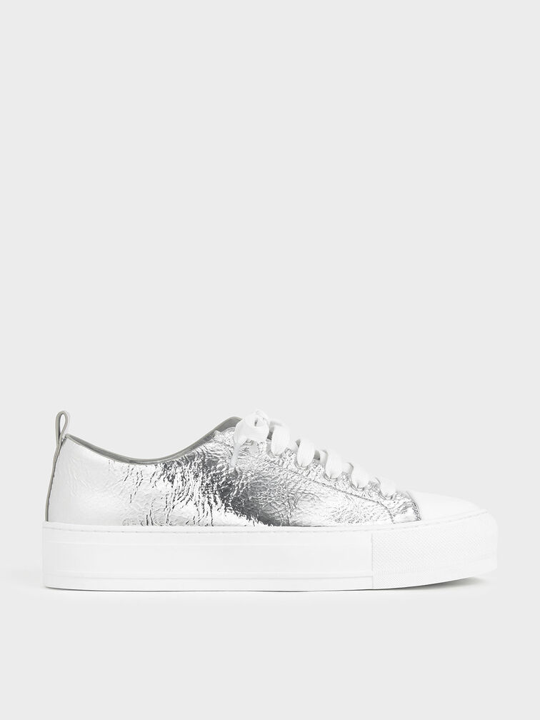 Metallic Platform Sneakers, Silver, hi-res