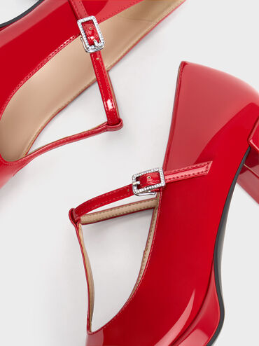 Crystal-Buckle T-Bar Mary Jane Pumps, Red, hi-res