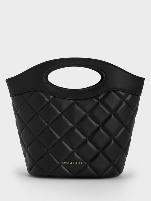 Quilted Chain-Link Curved-Handle Bucket Bag, Black, hi-res