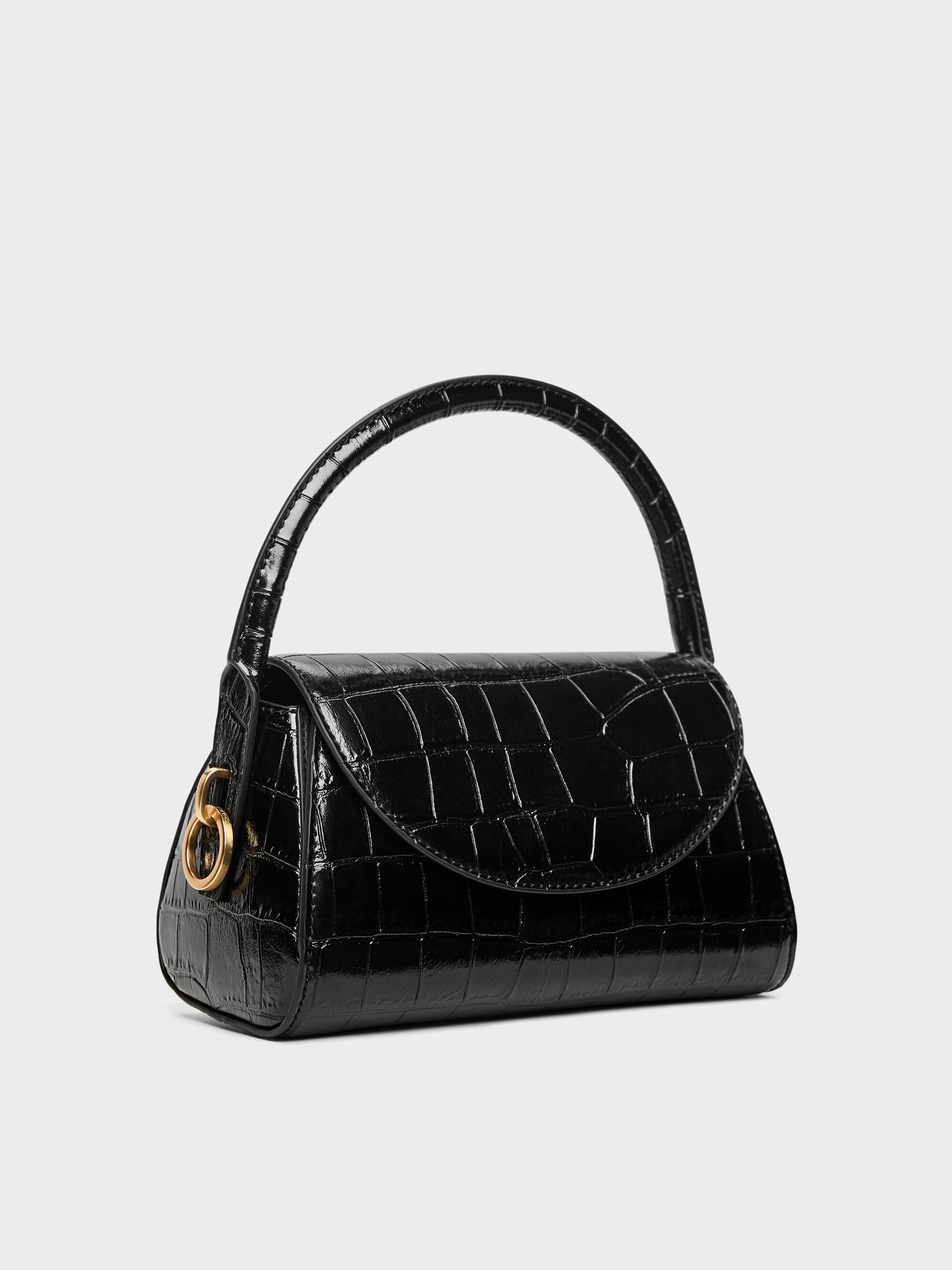 Black Croco Kaila Croc-Effect Front Flap Top Handle Bag - Black