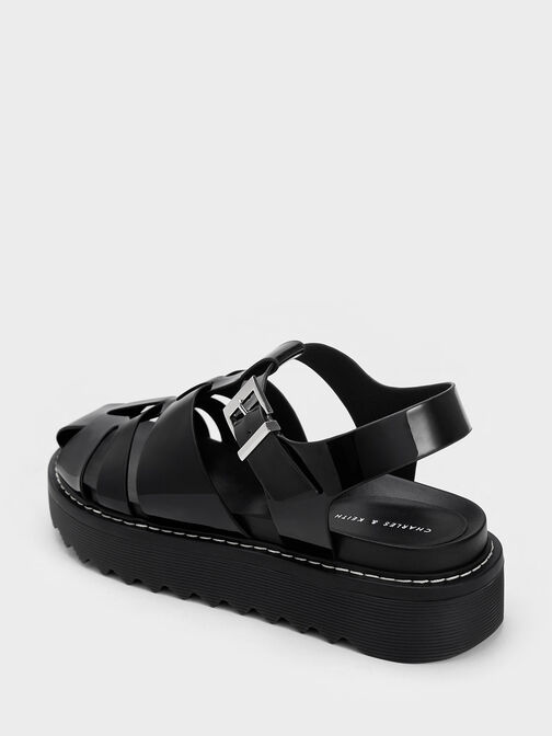 Patent Caged Buckled Sandals, Black Patent, hi-res