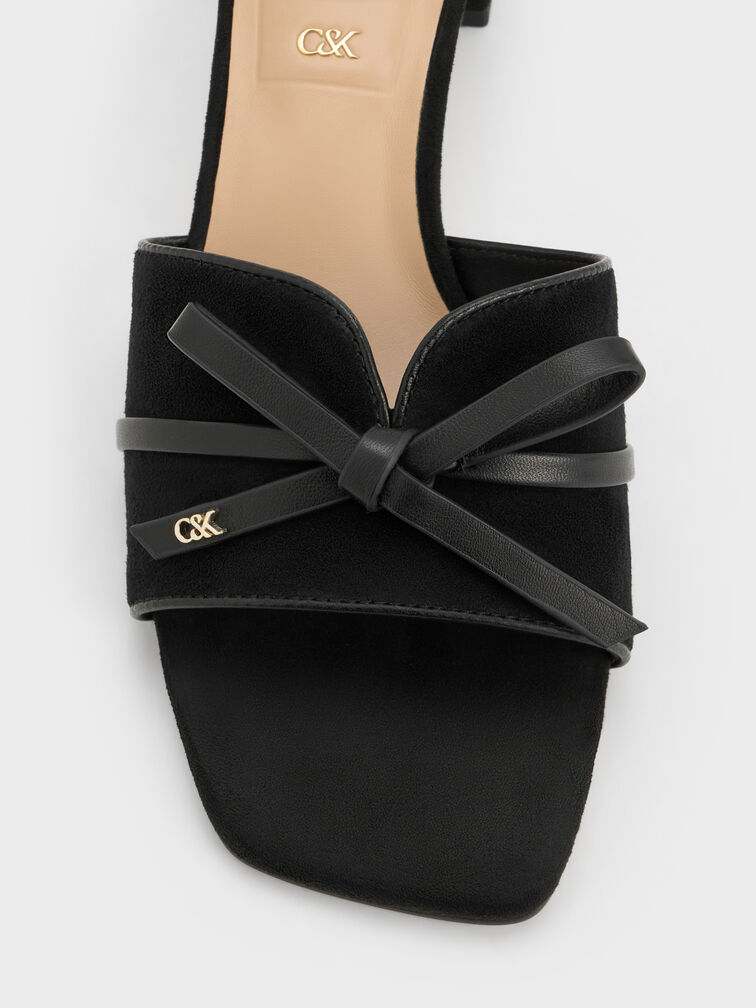 Mules &agrave; talon en cuir et daim avec n&oelig;ud, Noir Textur&eacute;, hi-res