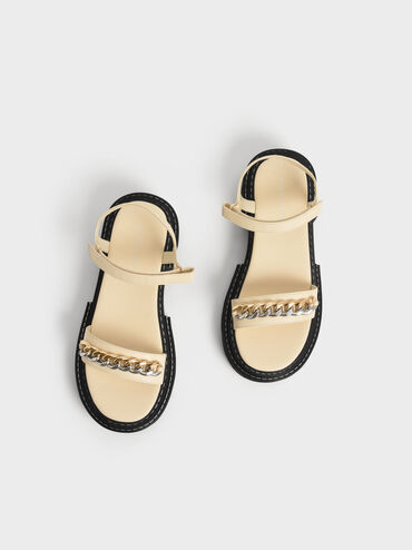 Chain-Link Contrast-Trim Sandals, Chalk, hi-res