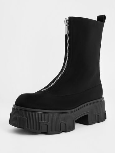 Botines texturizados de plataforma con cremallera, Negro texturizado, hi-res