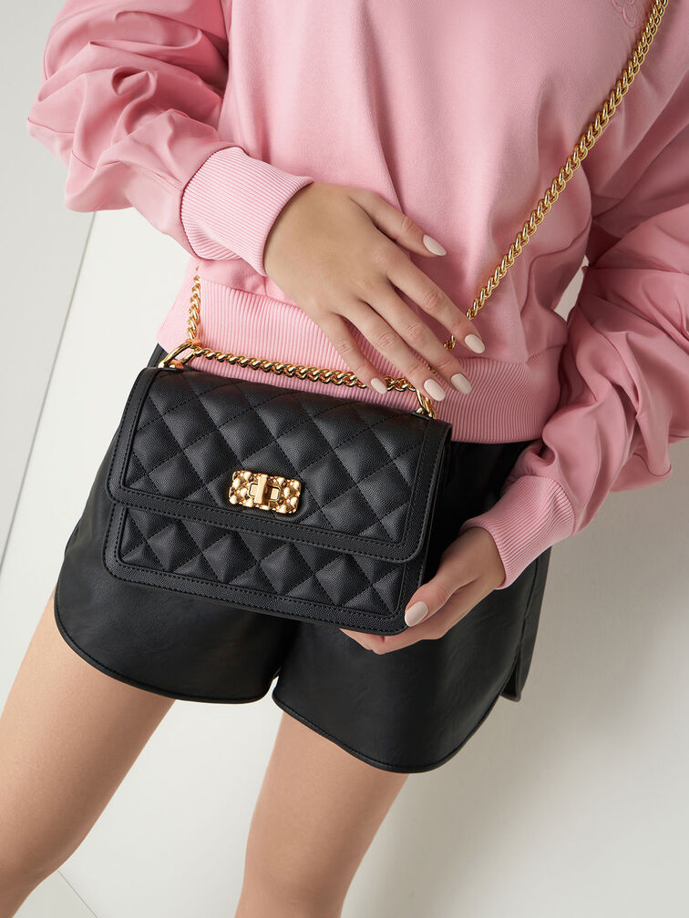 Kids Quilted Flap Shoulder Bag | Fashion Chain Purse - Mia Belle Girls Black / One Size