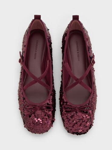 Sequinned Crossover Mary Jane Flats, Burgundy, hi-res