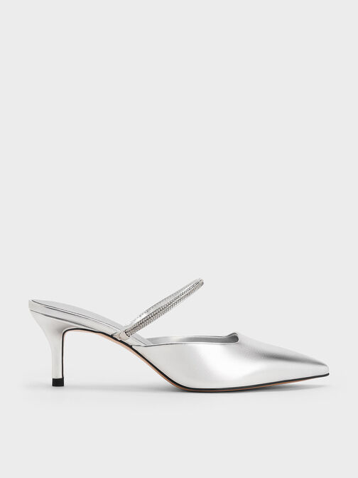 Metallic Braided-Strap Pointed-Toe Mules, Silver, hi-res