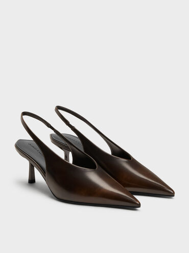 Pointed High-Vamp Slingback Pumps, Dark Brown, hi-res