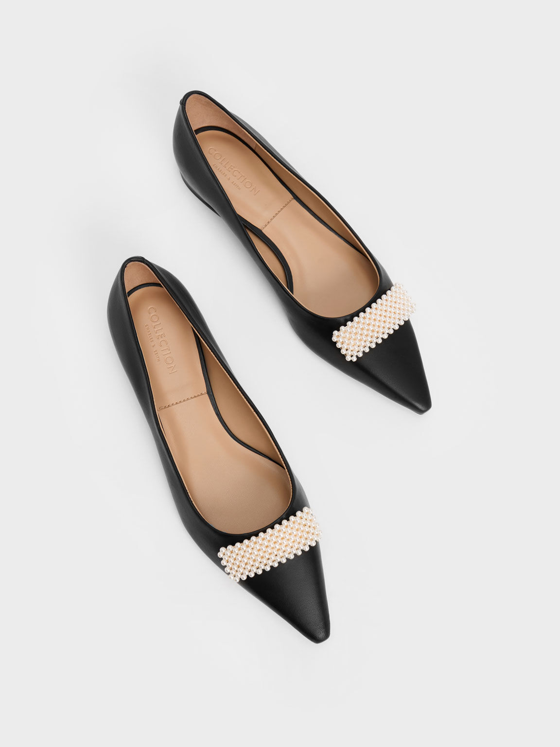 Leather Pointed-Toe Beaded Ballerinas, Black, hi-res