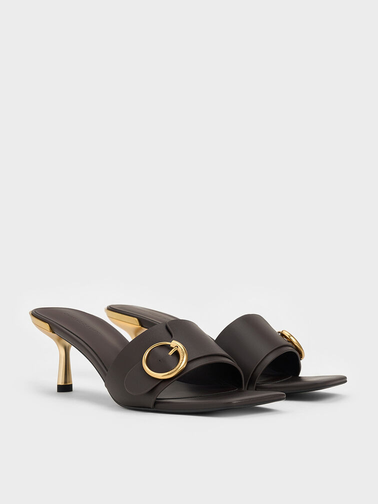 Metallic-Accent Buckled Square-Toe Mules, Dark Brown, hi-res