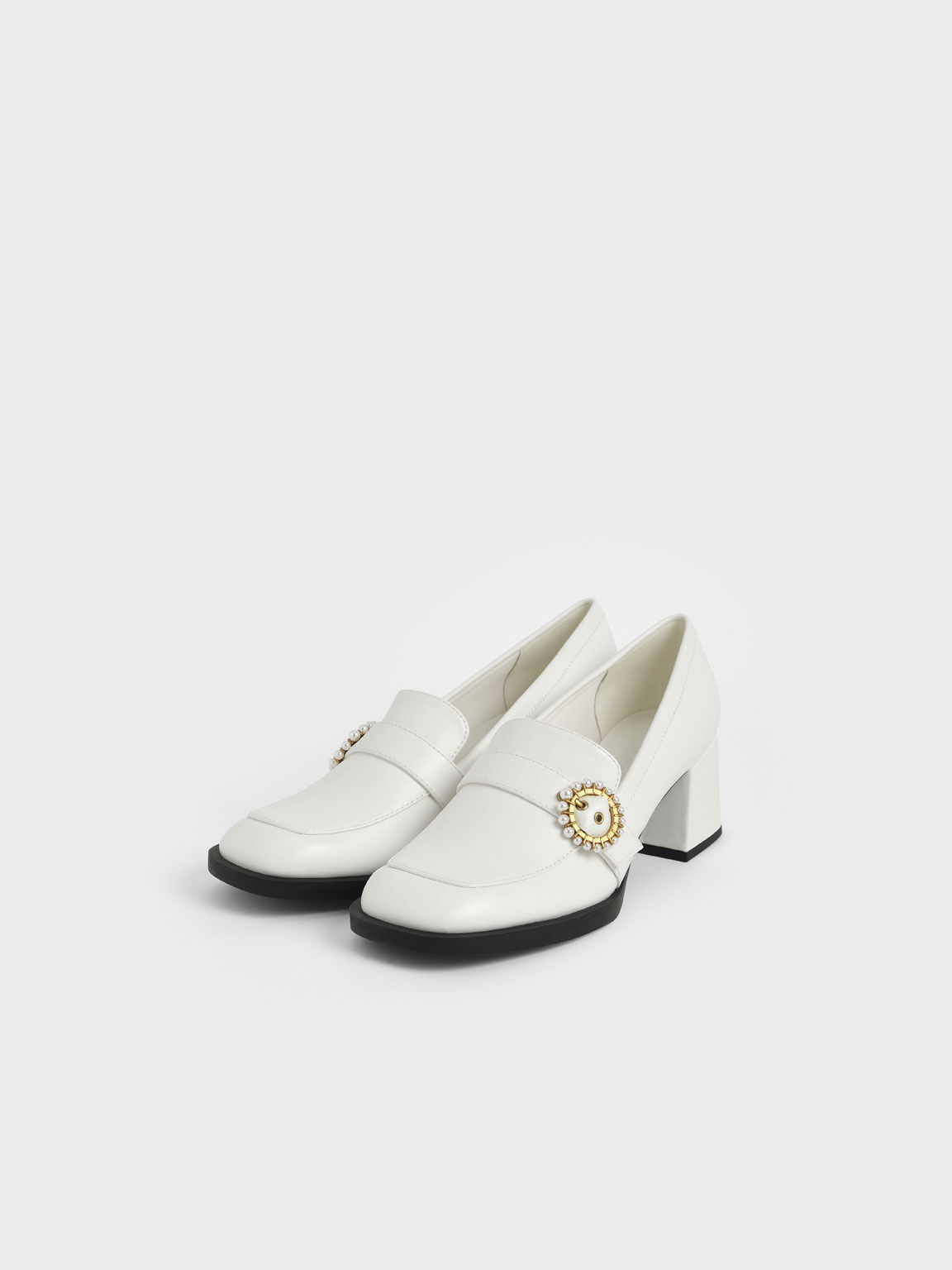 珍珠釦樂福粗跟鞋, 白色, hi-res