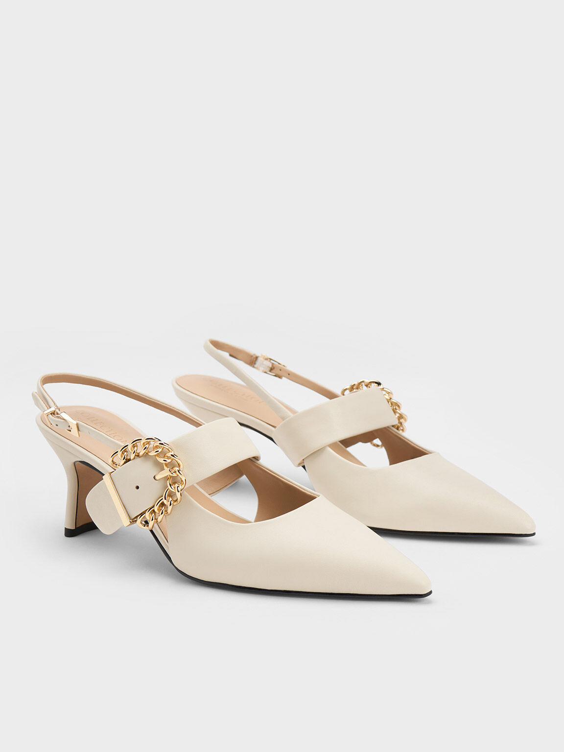 Chain-Buckled Leather Slingback Pumps, Chalk, hi-res