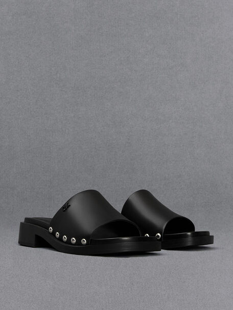 Leather Studded Sandals, Black, hi-res