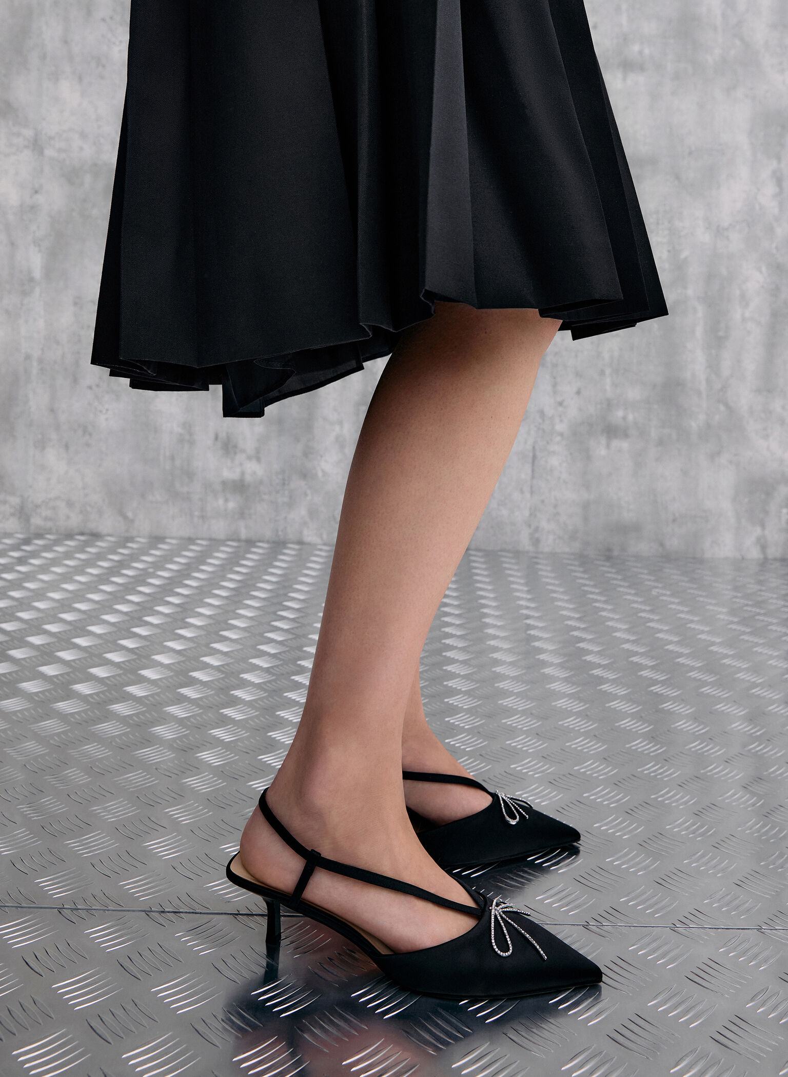 Recycled Polyester Crystal-Bow Kitten-Heel Slingback Pumps, Black Textured, hi-res