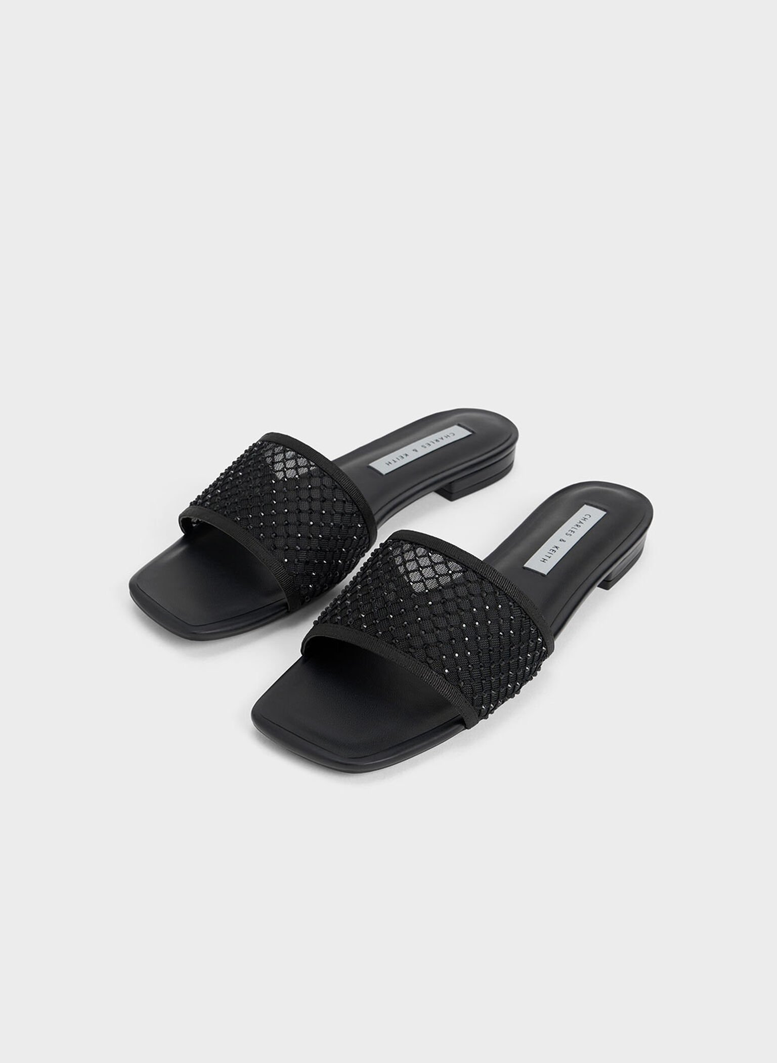 Black Gem-Encrusted Mesh Slide Sandals - CHARLES & KEITH US