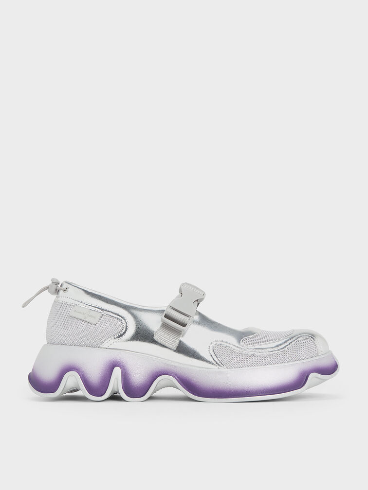 Mesh Gradient Wave Mary Jane Sneakers, Silver, hi-res