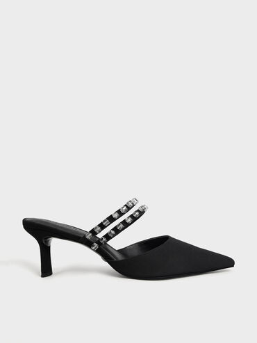 Gem-Embellished Canvas Mule Pumps, Black, hi-res