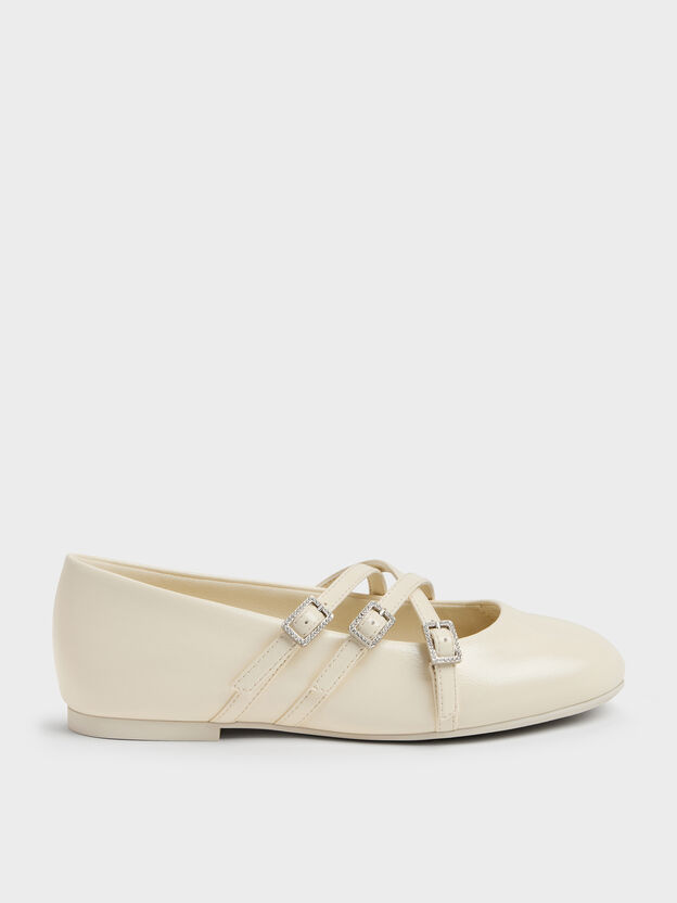 Girls' Triple-Strap Mary Jane Flats, Chalk, hi-res