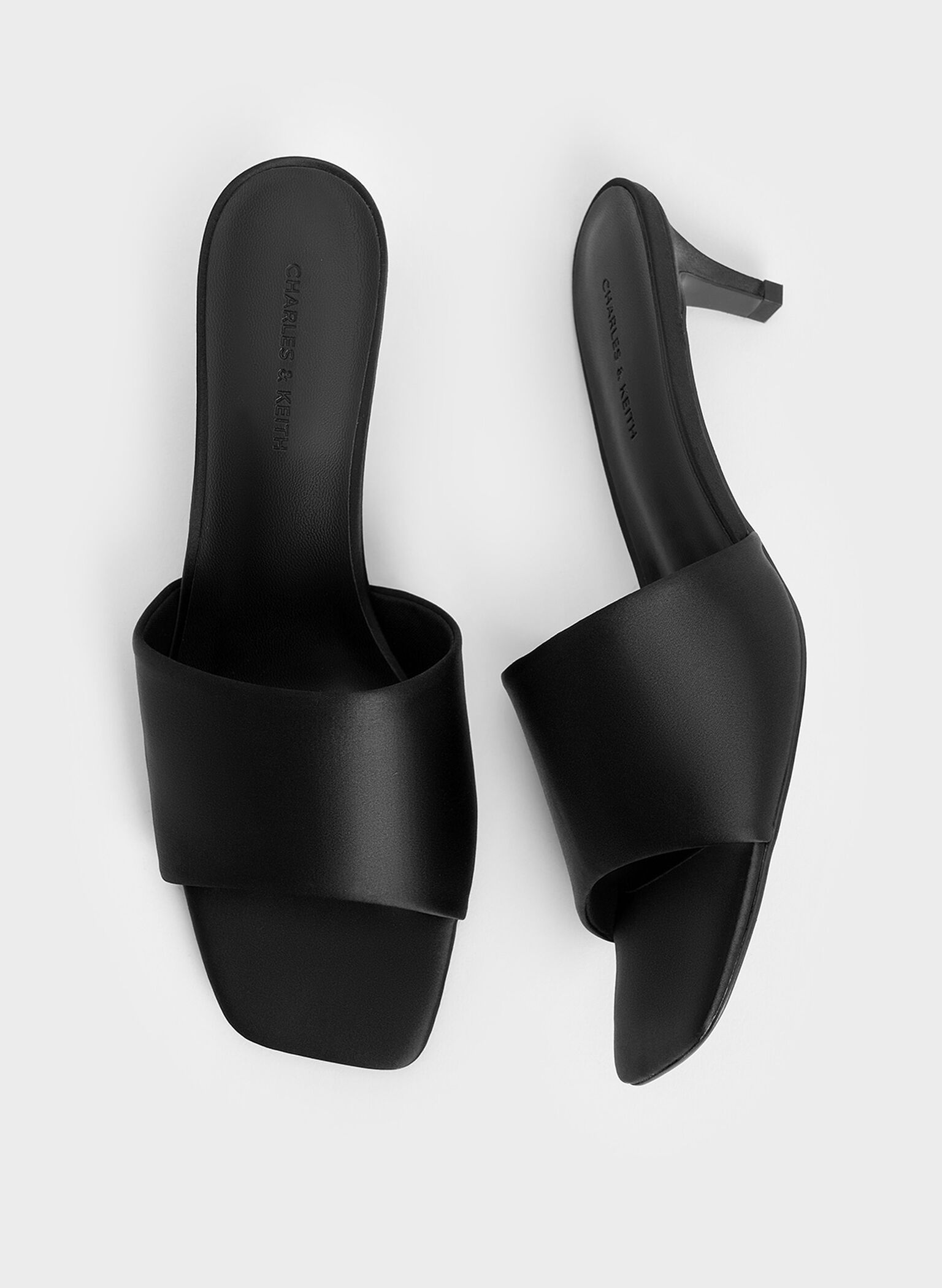 Satin Square-Toe Kitten-Heel Mules, Black Textured, hi-res