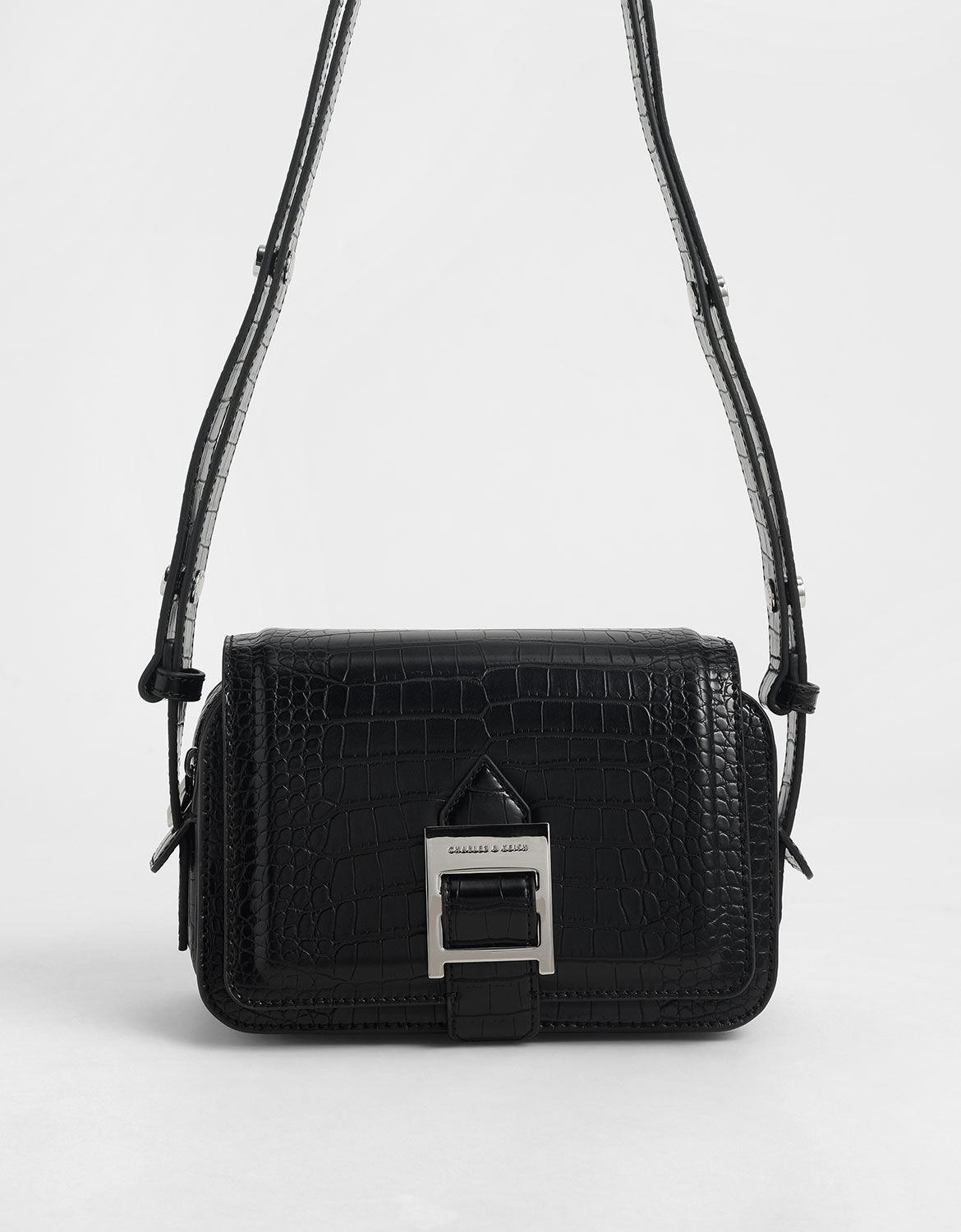 Black Buckle Strap Croc-Effect Shoulder