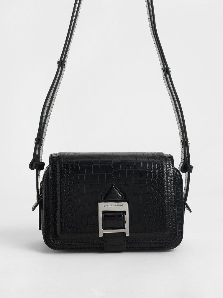 Buckle Strap Croc-Effect Shoulder Bag, Black, hi-res