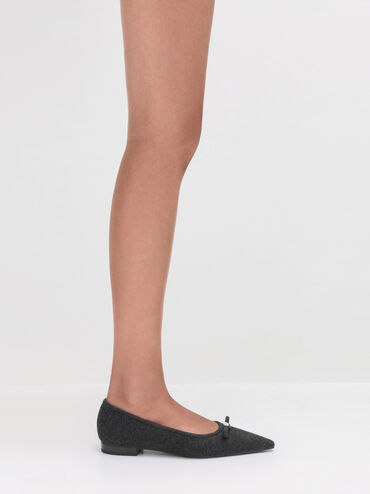 Felt Bow Pointed Ballet Flats, Dark Grey, hi-res