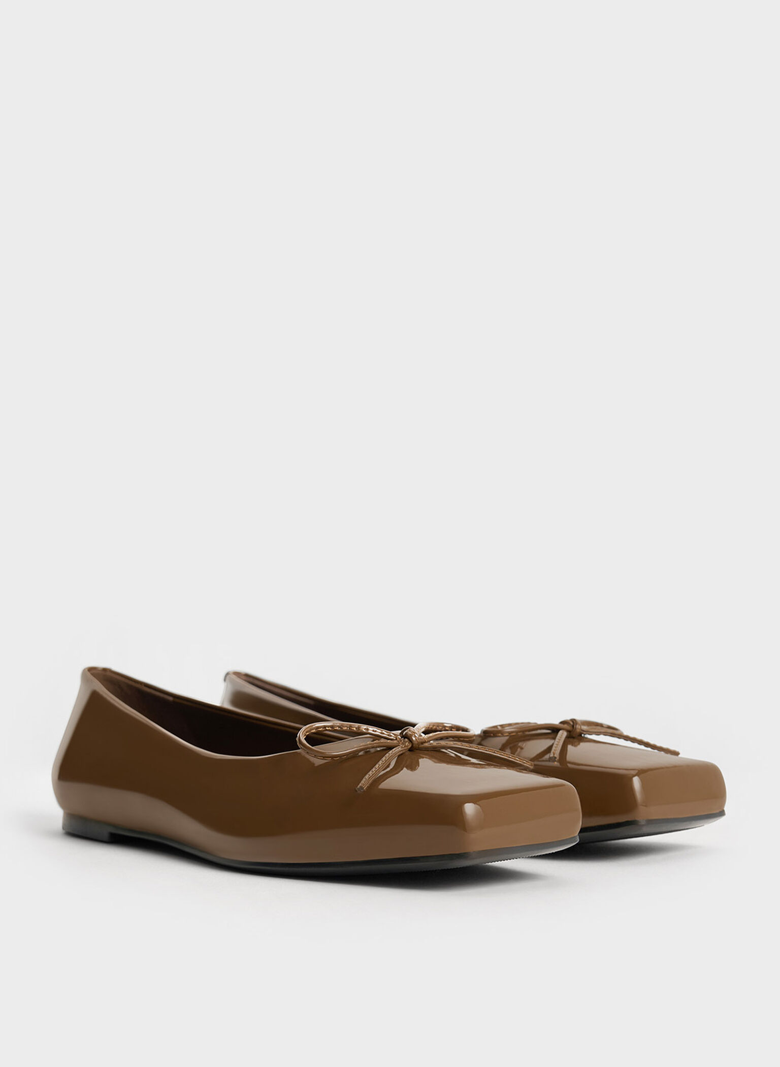 Square-Toe Bow Ballet Flats, Brown, hi-res