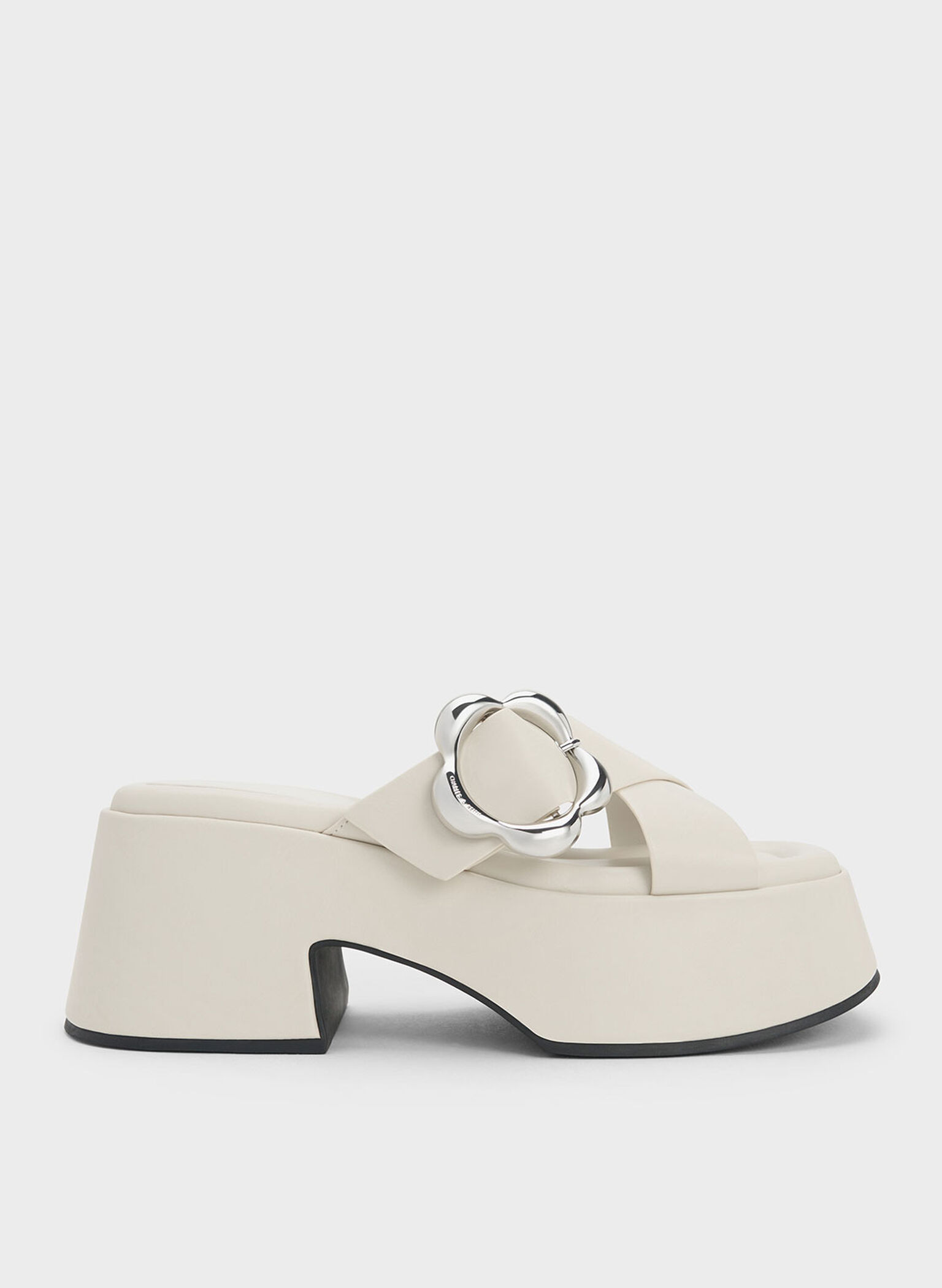 Flower-Buckle Crossover Platform Mules, Chalk, hi-res