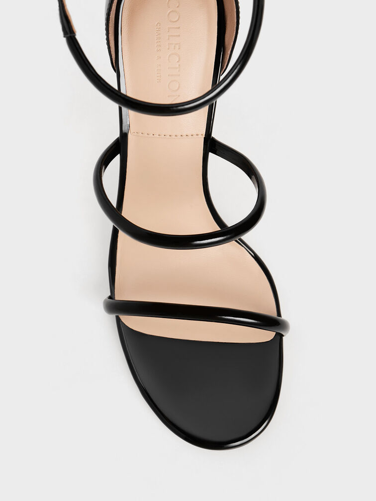 Patent Leather Triple Strap Heeled Sandals, Black Patent, hi-res