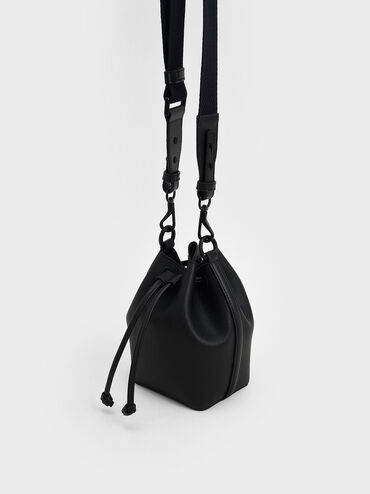 Marlowe Chain-Handle Drawstring Bucket Bag, Black, hi-res