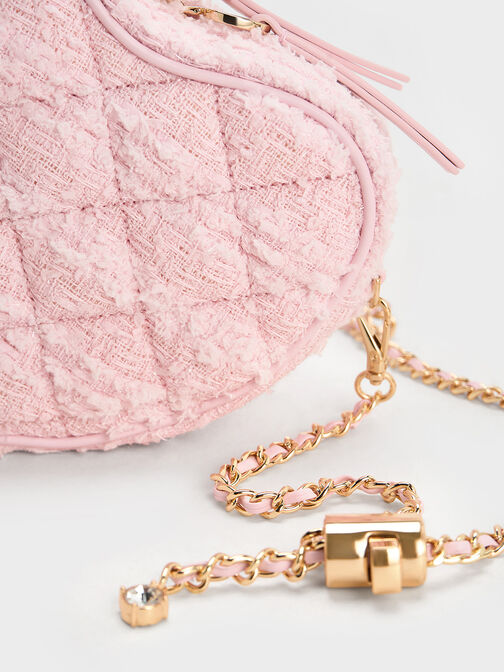 Philomena Tweed Bow Quilted Heart Crossbody Bag, Pink, hi-res