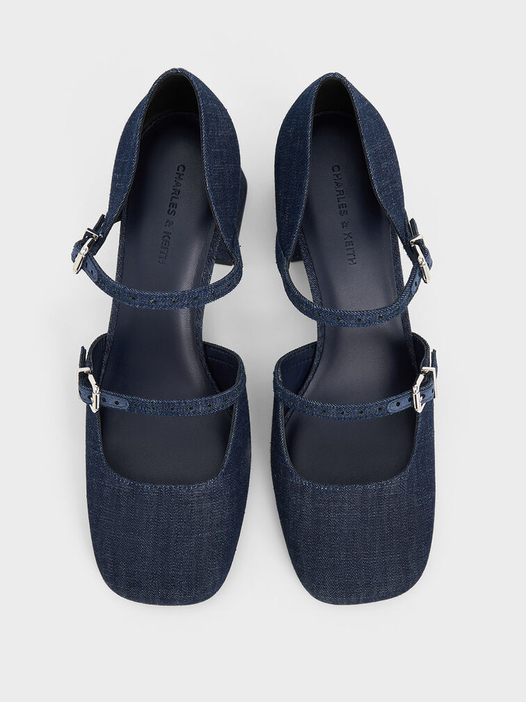 Denim Double-Strap D'Orsay Pumps, Dark Blue, hi-res