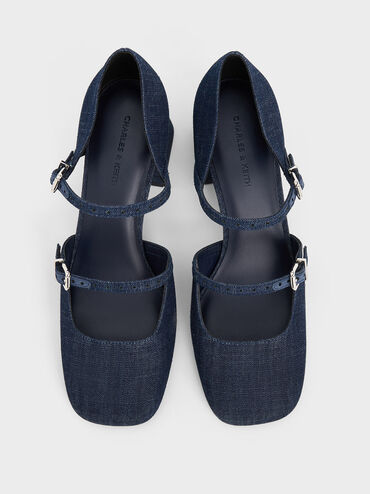 Denim Double-Strap D'Orsay Pumps, Dark Blue, hi-res