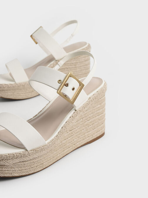 Buckled Espadrille Wedges, White, hi-res