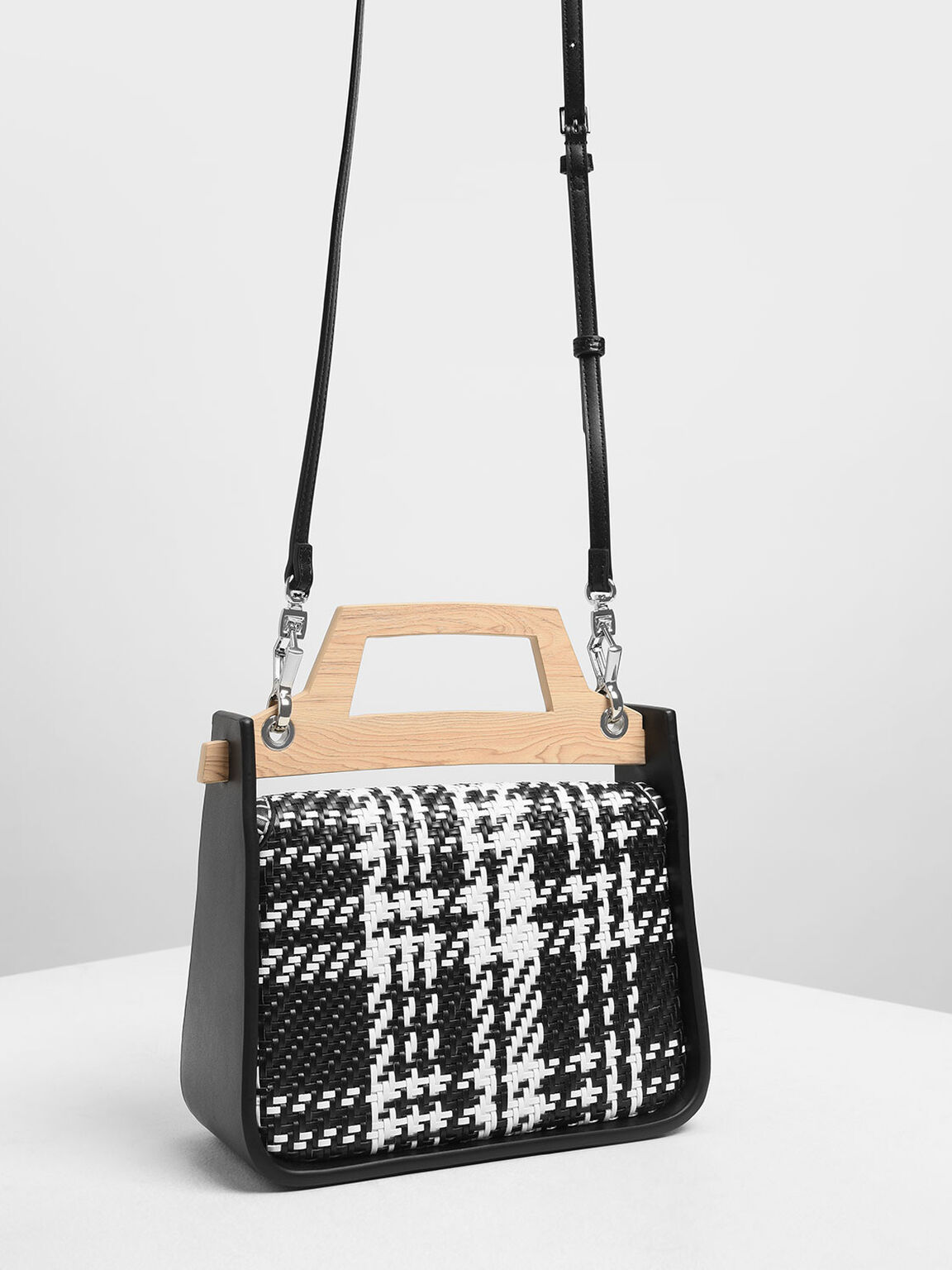 Woven Wood-Effect Top Handle Bag, Black, hi-res