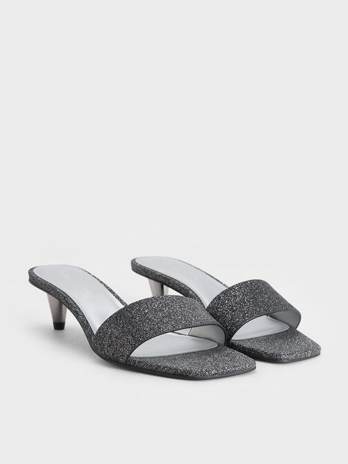 Glittered Cone-Heel Mules, Black Textured, hi-res