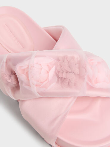 Satin Flower-Applique Crossover Sandals, Light Pink, hi-res