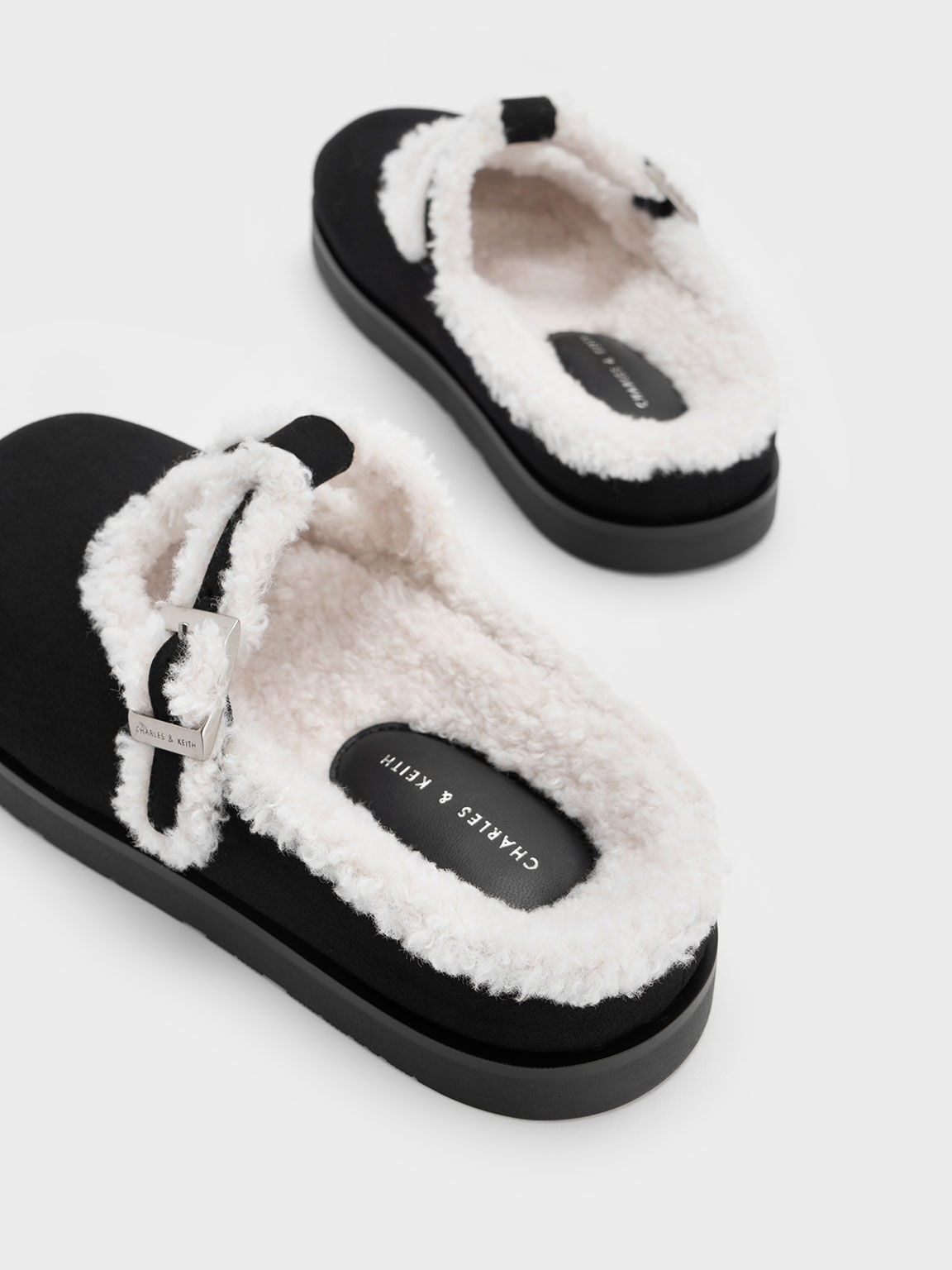 Textured Fur Trim Buckled Mules Black Textured