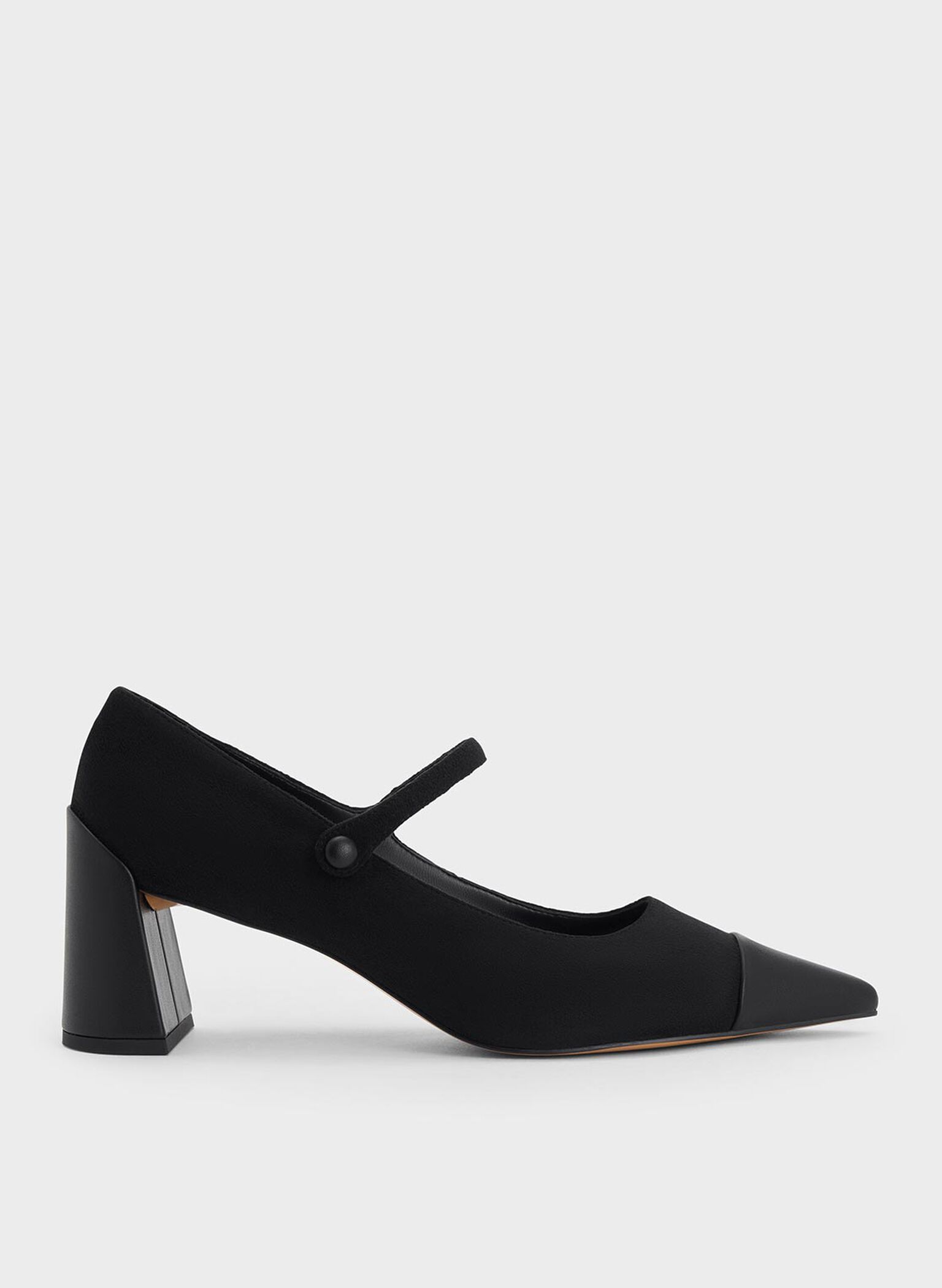 Faux Suede Cap-Toe Pointed Mary Jane Pumps, Black Textured, hi-res