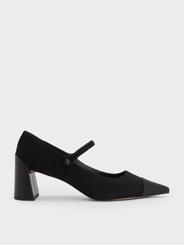 Faux Suede Cap-Toe Pointed Mary Jane Pumps, Black Textured, hi-res