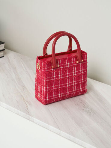 Georgette Tweed Square Tote Bag, Red, hi-res
