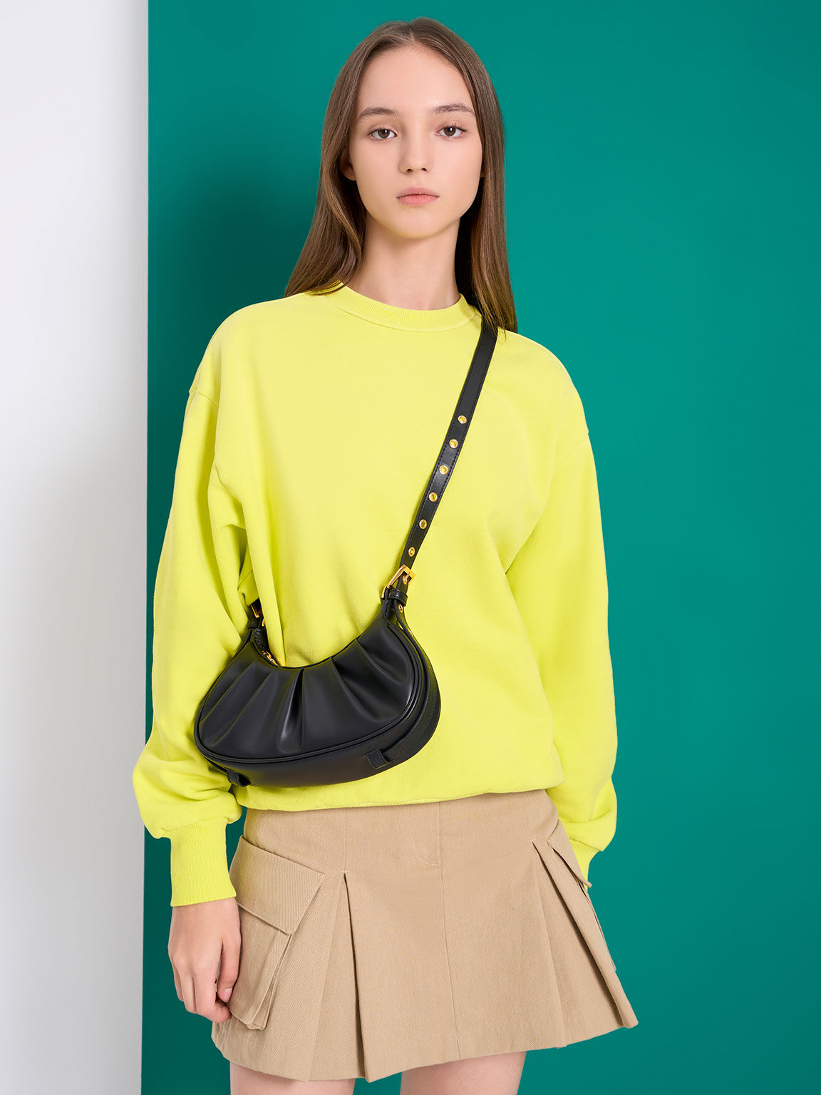 Duo Ruched Shoulder Bag, Black, hi-res