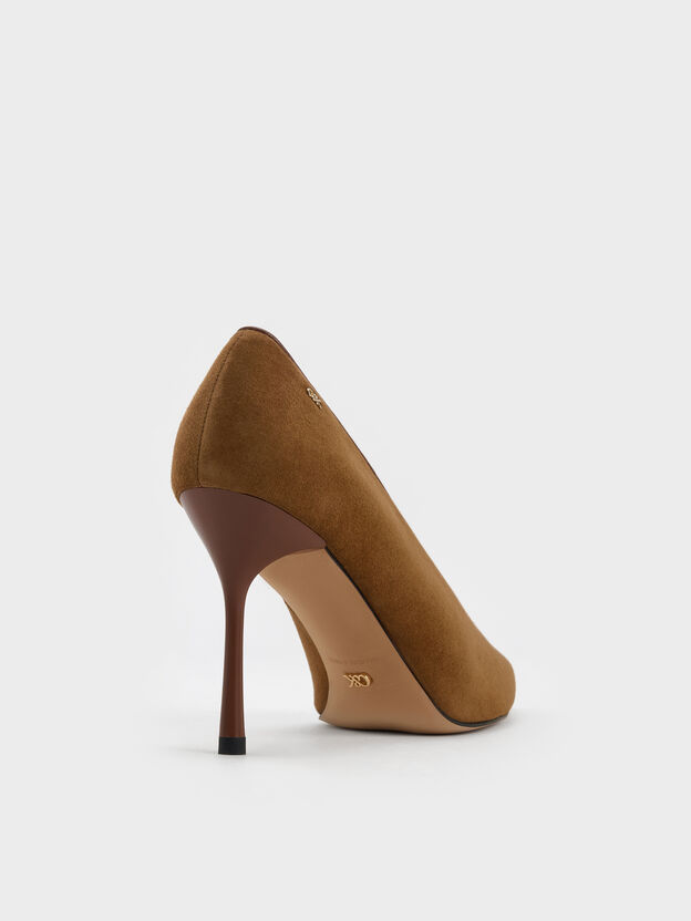 Leather & Suede Pointed Pumps, Brown, hi-res